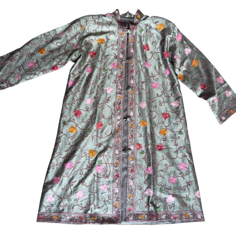Vintage smoke-green long Kashmiri jacket embroidered size M - Picture 3 of 10